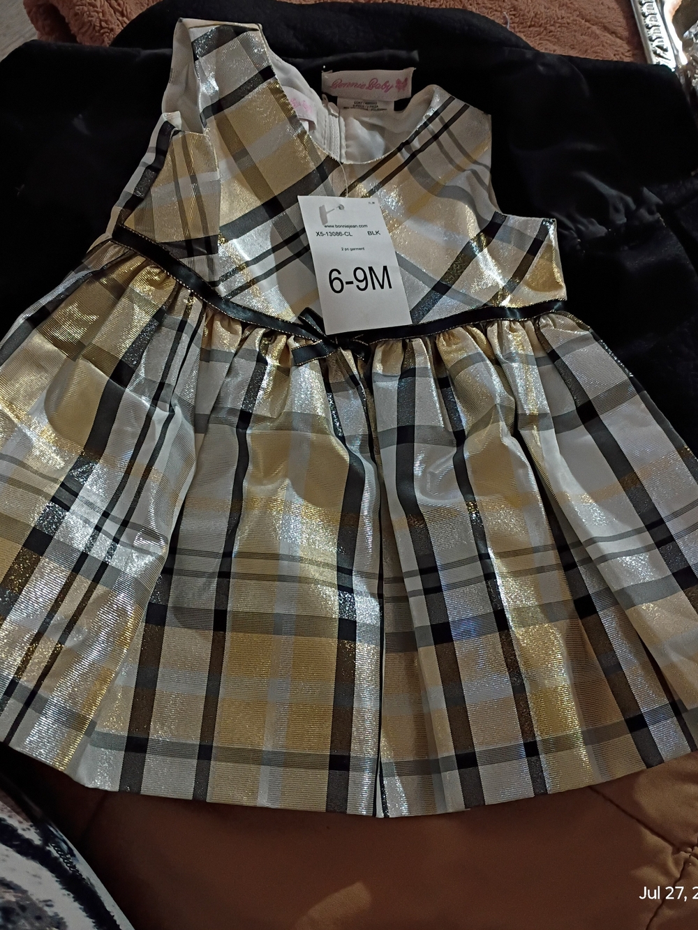 Bonnie Baby Girls' Gold & Black Plaid Party Dress - 6-9M With Jacket